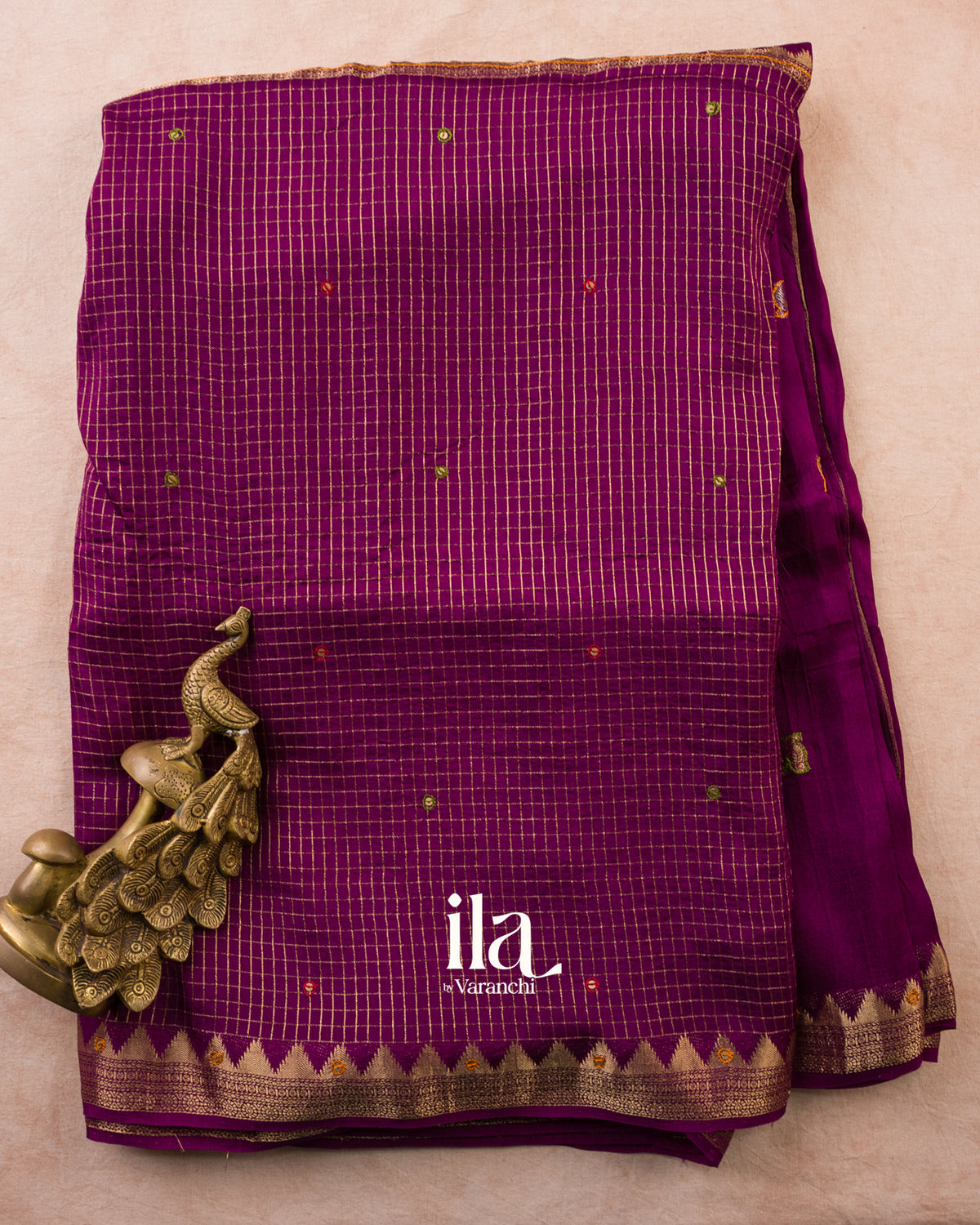 Purple Wine Checkered Dola Silk Saree — Full Saree