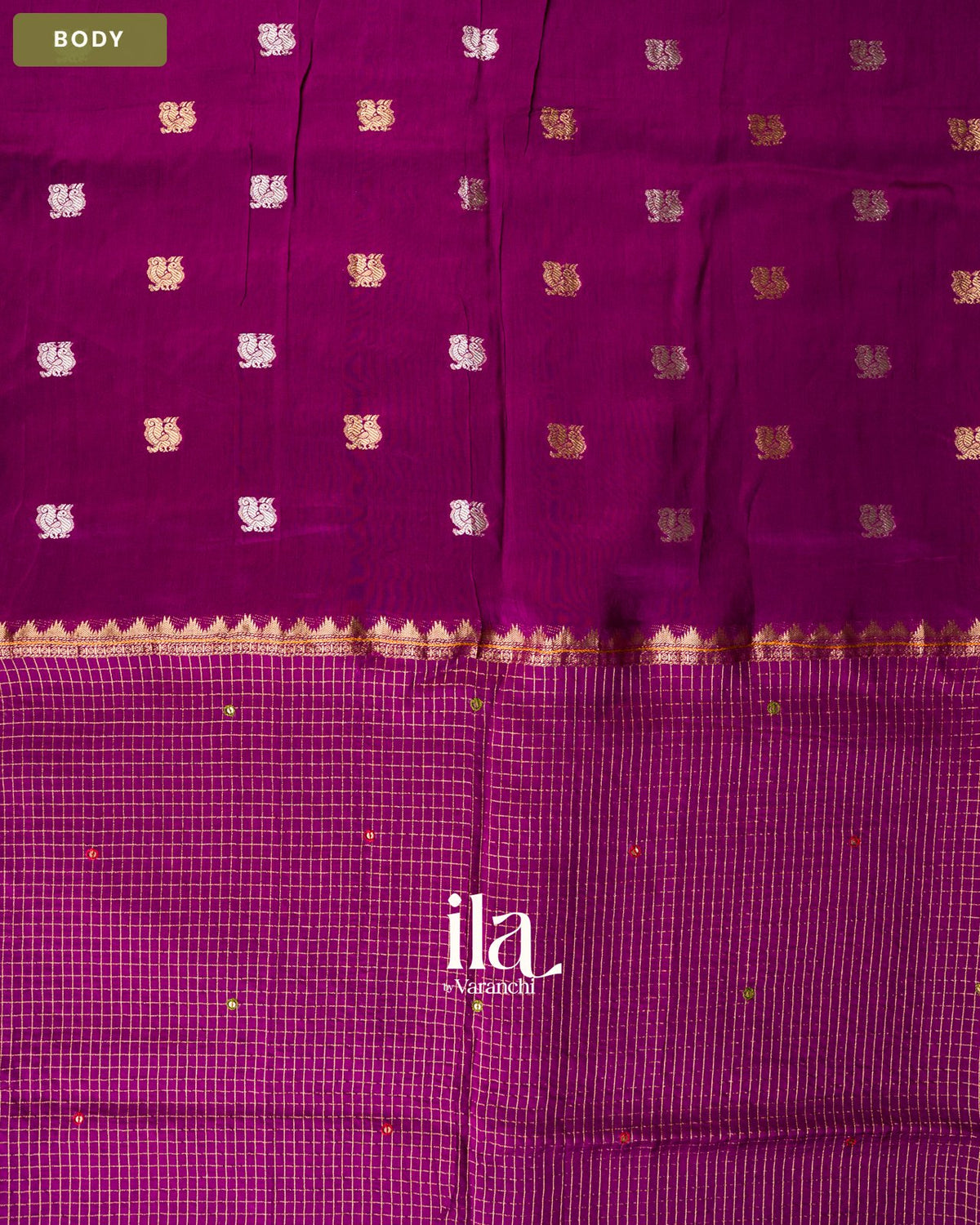 Purple Wine Checkered Dola Silk Saree — Body