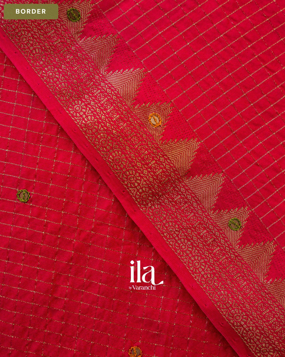Coral Red Checkered Dola Silk Saree — Border