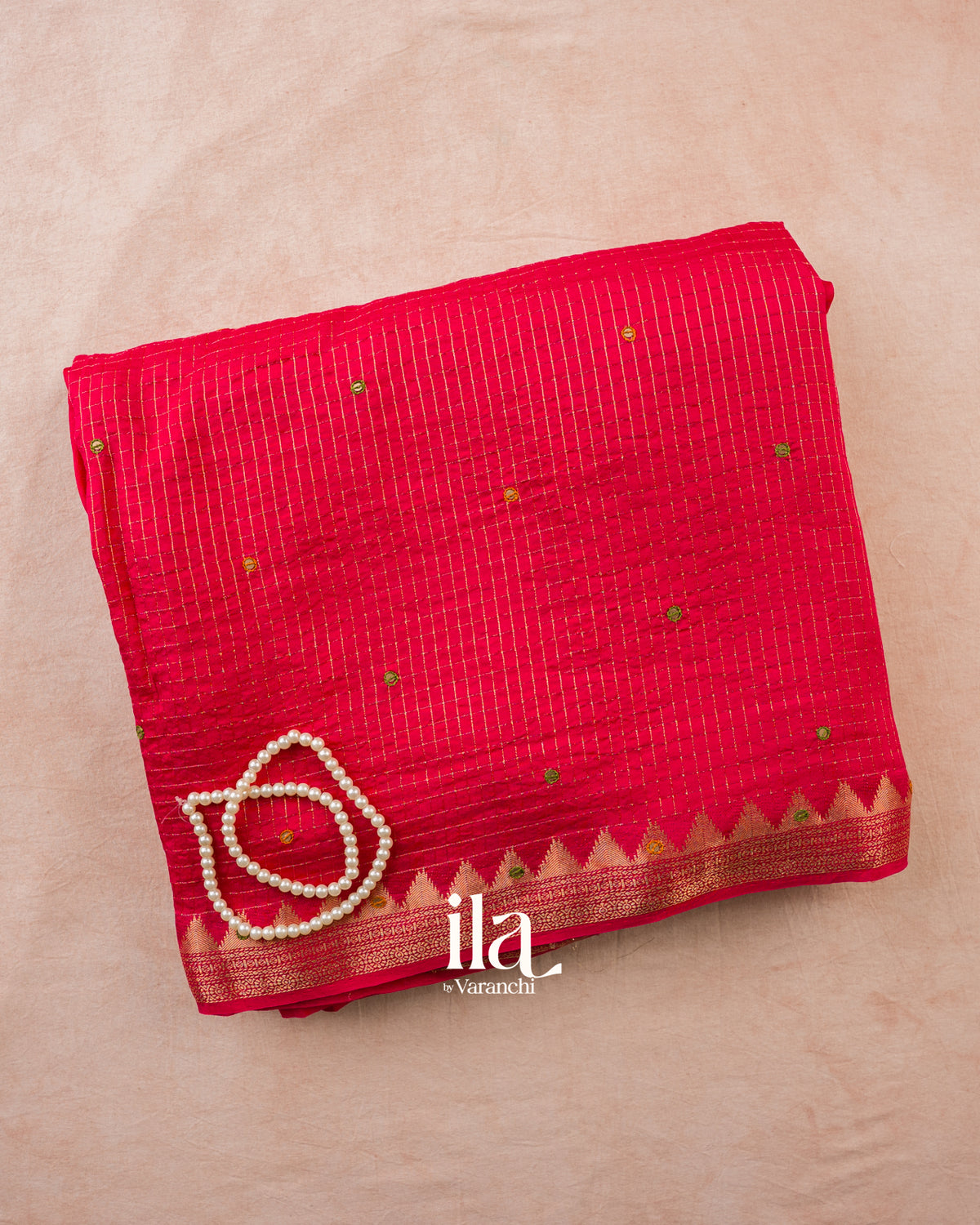 Coral Red Checkered Dola Silk Saree — Folded