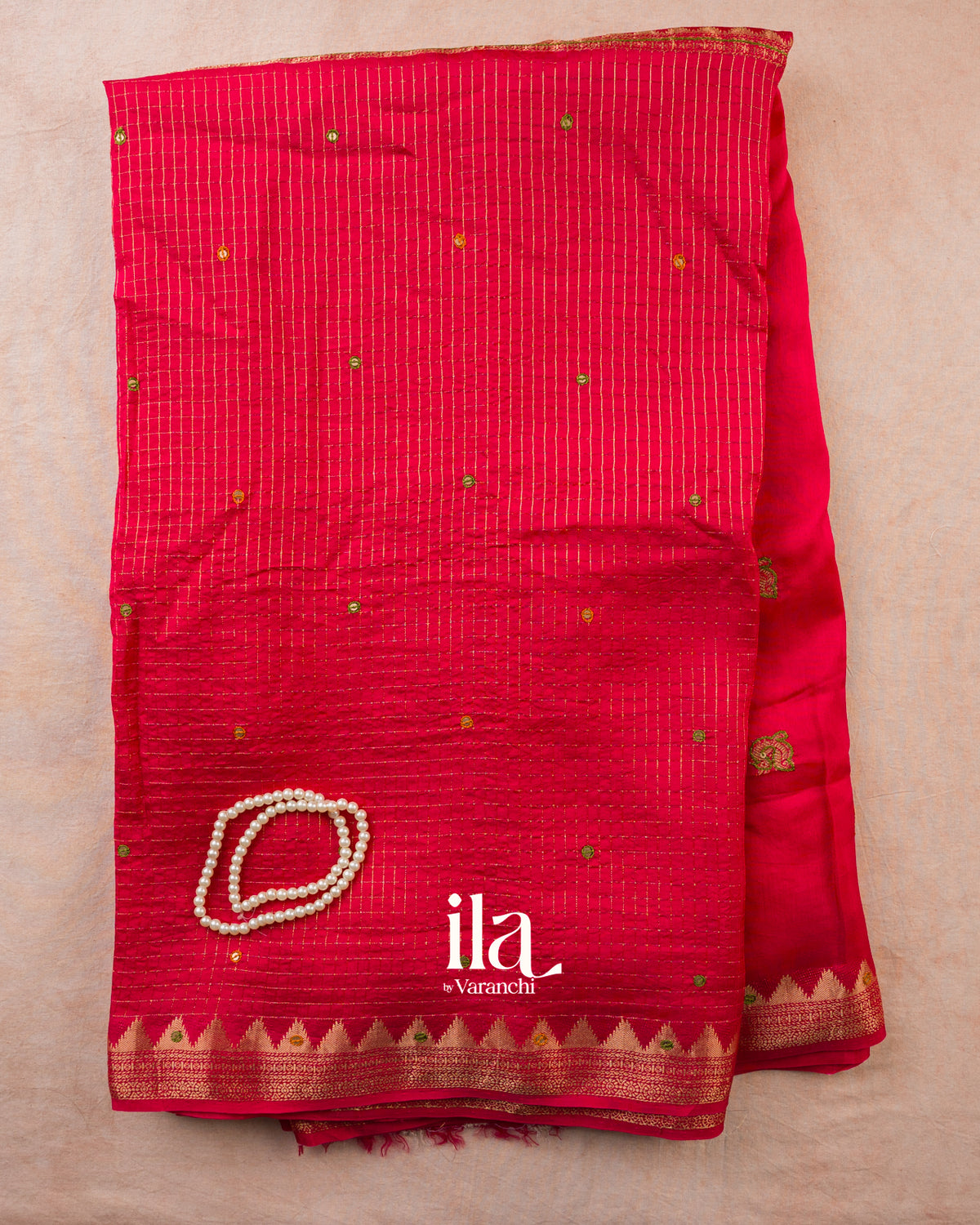 Coral Red Checkered Dola Silk Saree — Full Saree