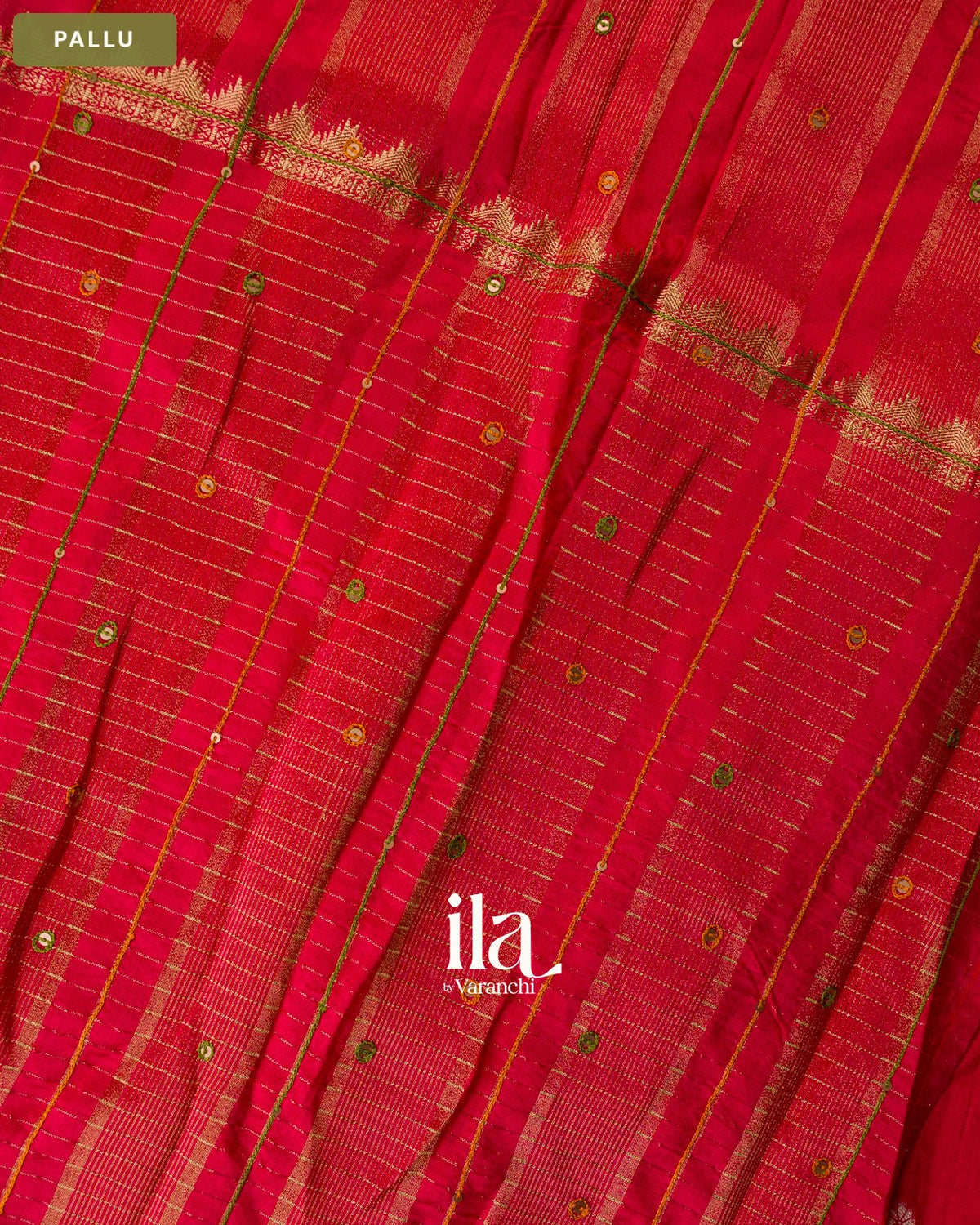 Coral Red Checkered Dola Silk Saree — Pallu