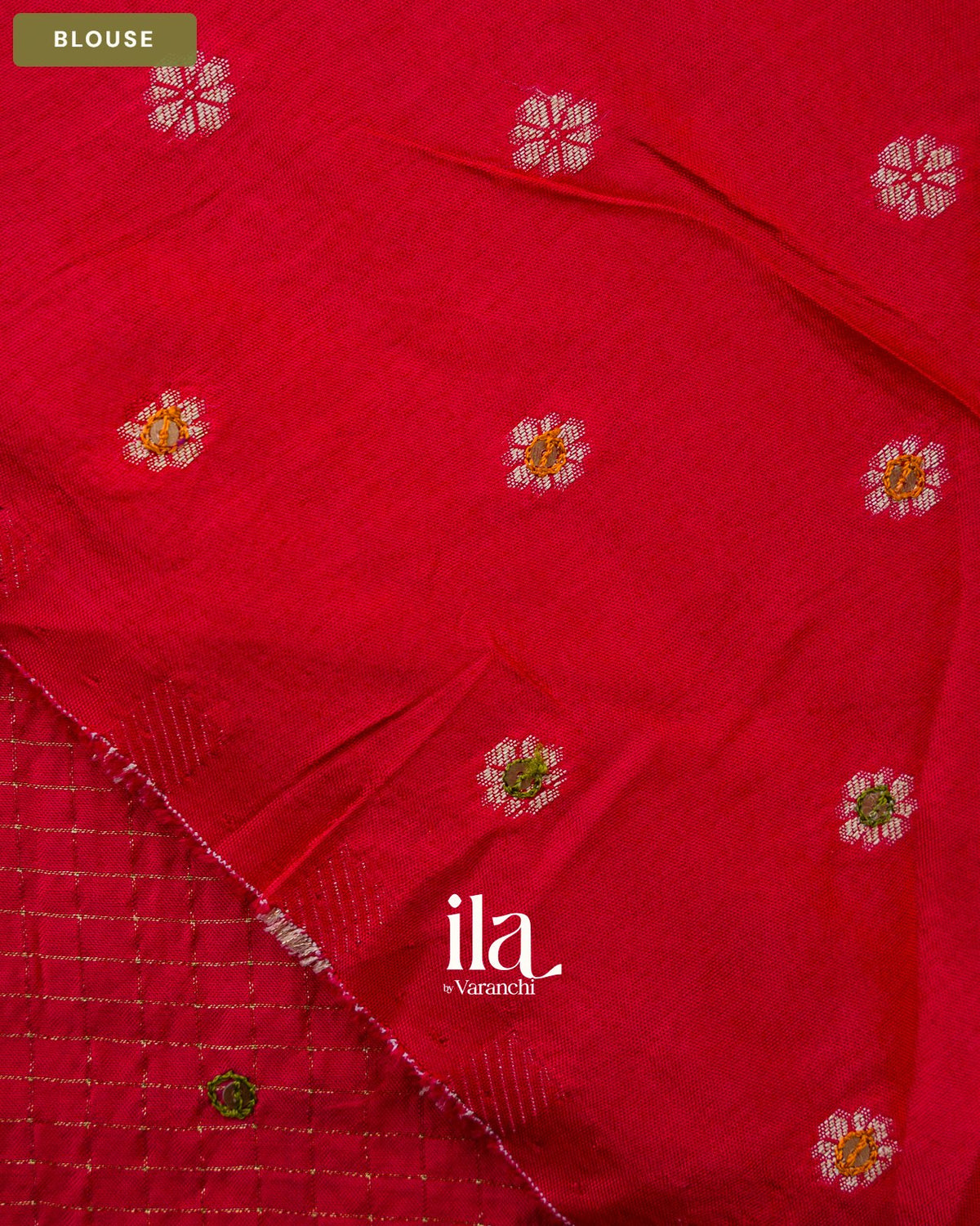 Coral Red Checkered Dola Silk Saree — Blouse