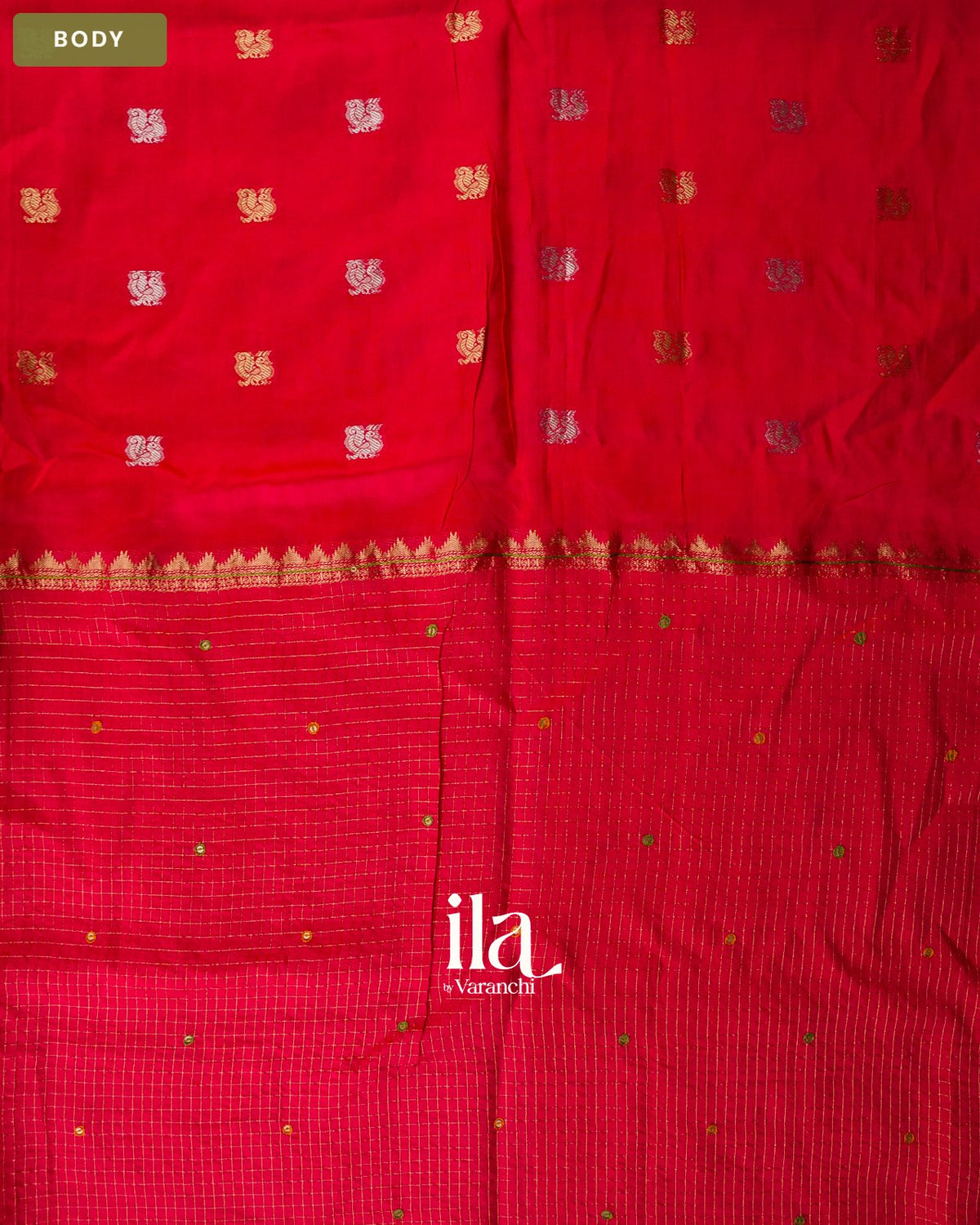 Coral Red Checkered Dola Silk Saree — Body