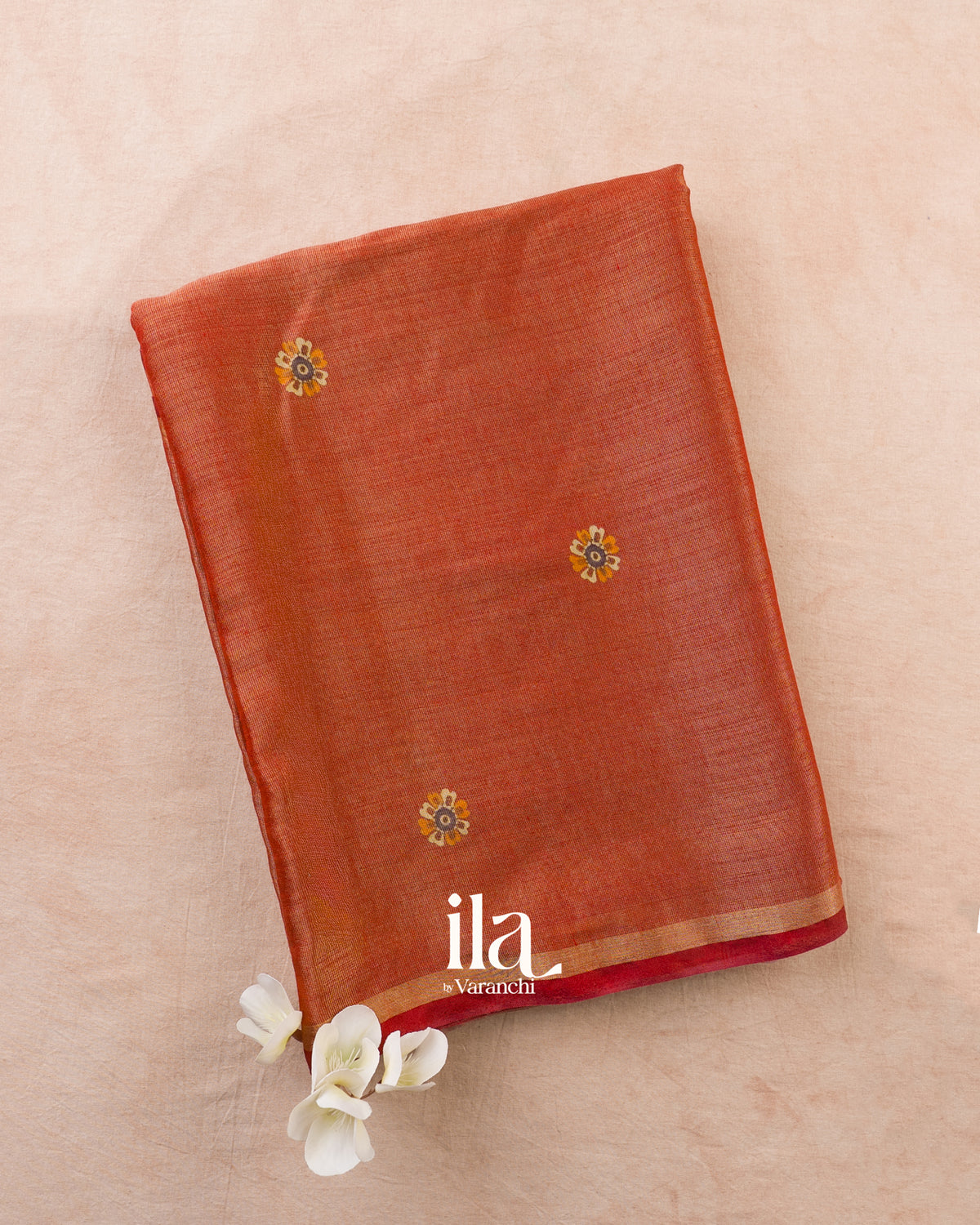 Rust Orange Cotton Tissue Saree — Folded