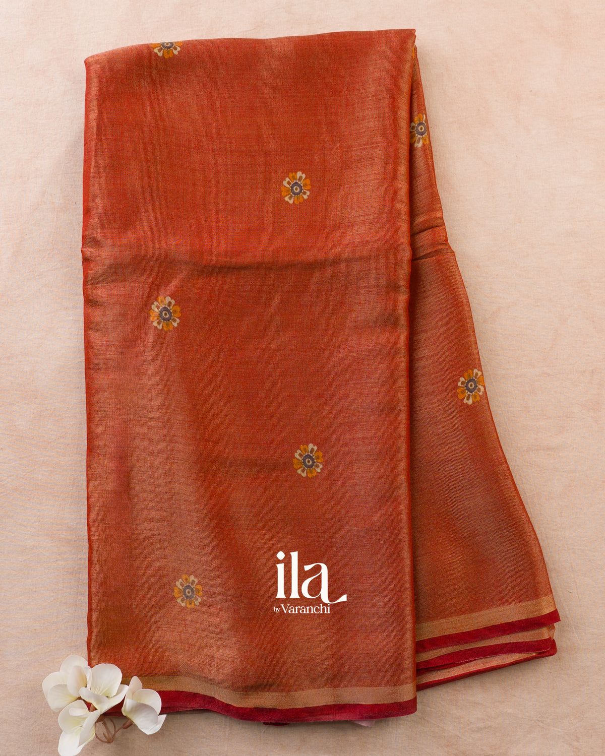 Rust Orange Cotton Tissue Saree — Full Saree