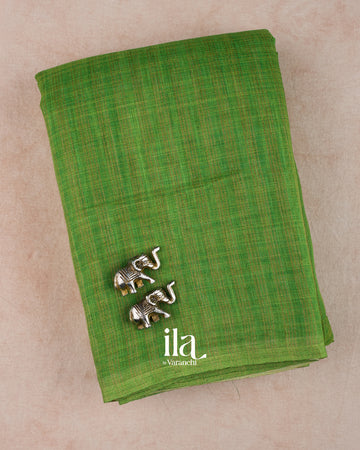Bottle Green Striped Pichwai Printed Semi Linen Saree — Folded