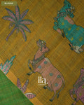Bottle Green Striped Pichwai Printed Semi Linen Saree — Blouse
