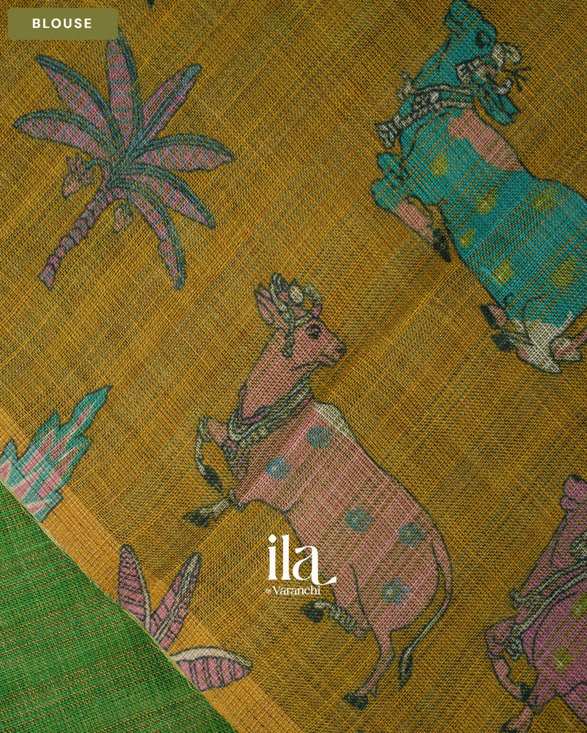 Bottle Green Striped Pichwai Printed Semi Linen Saree — Blouse