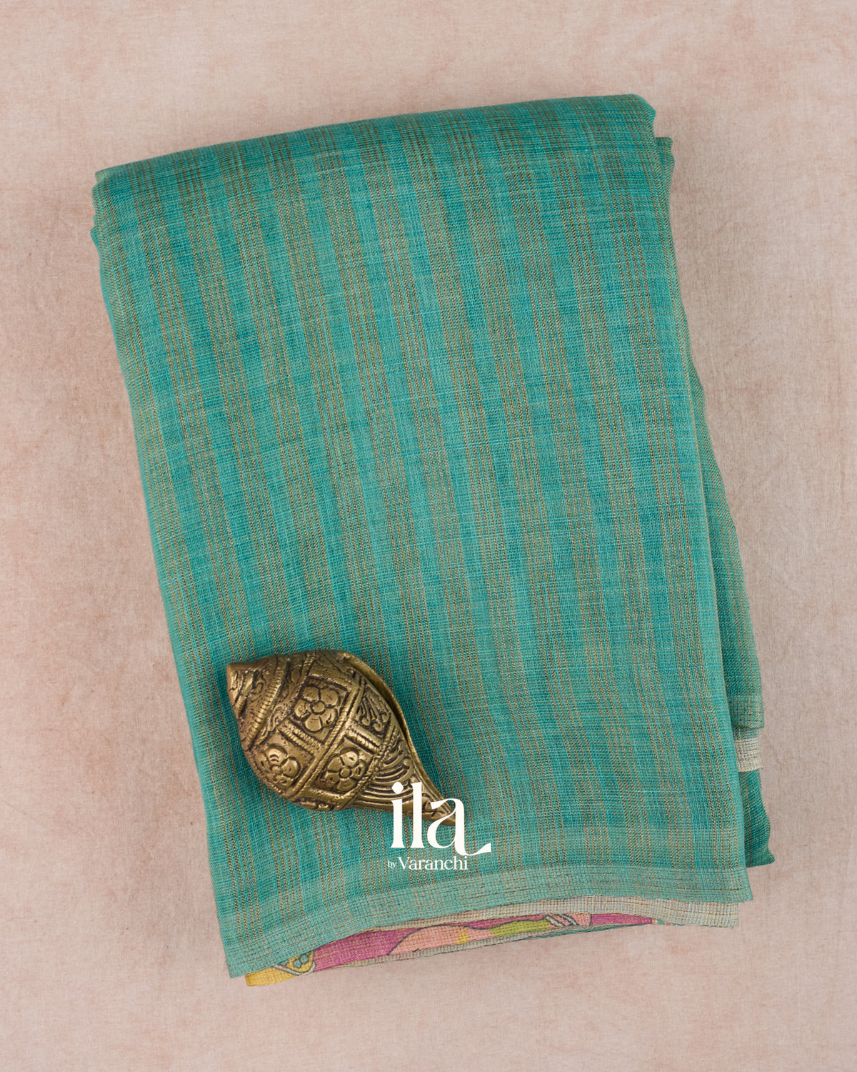 Ice Blue Striped Pichwai Printed Semi Linen Saree — Folded