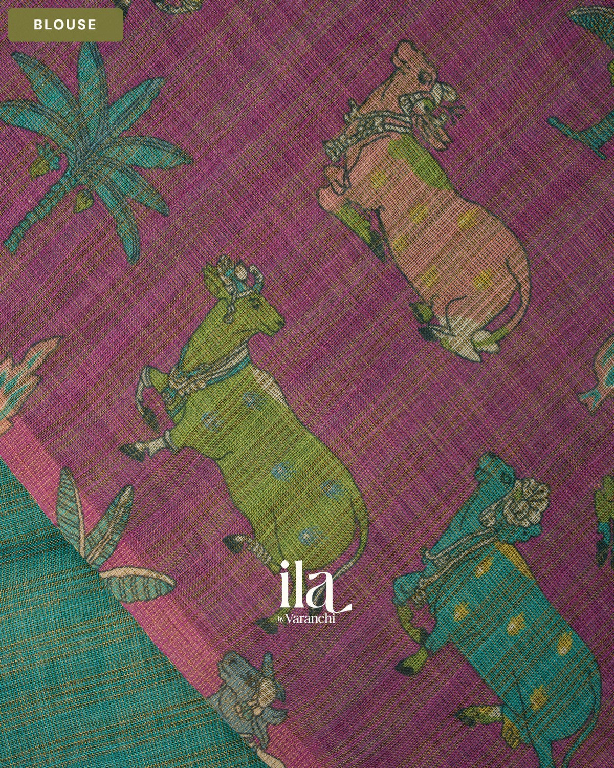 Ice Blue Striped Pichwai Printed Semi Linen Saree — Blouse