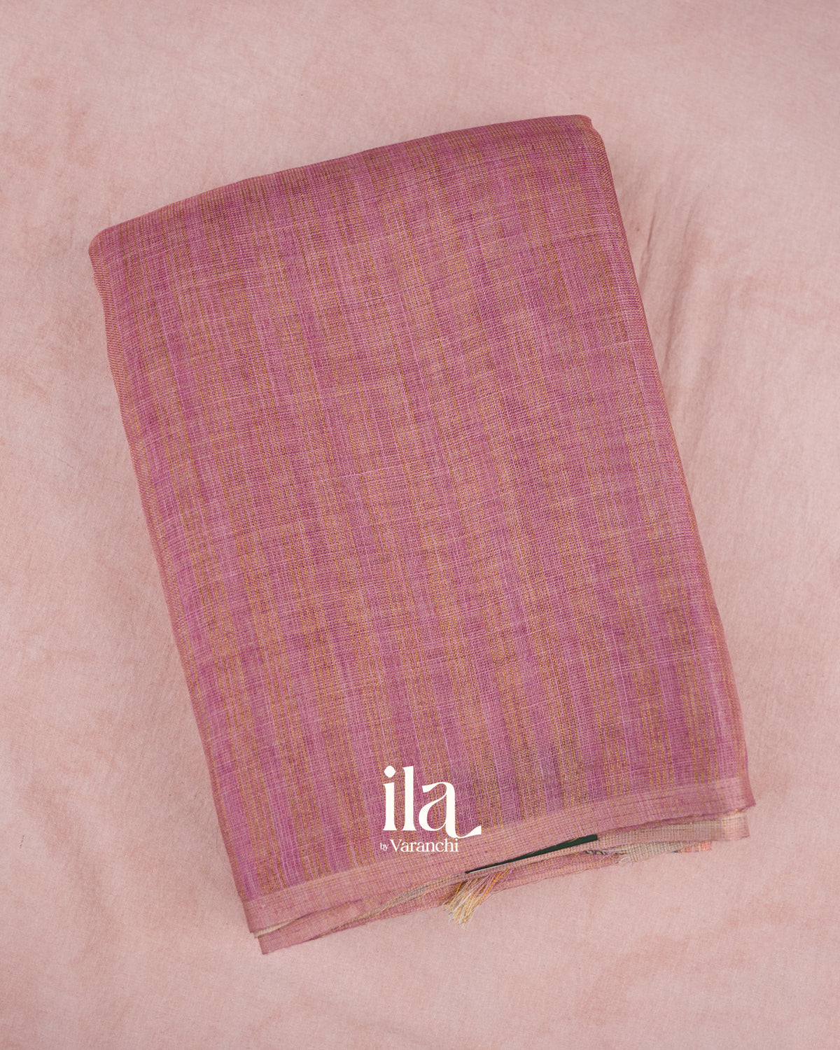 Onion Pink Striped Pichwai Printed Semi Linen Tissue Saree — Folded