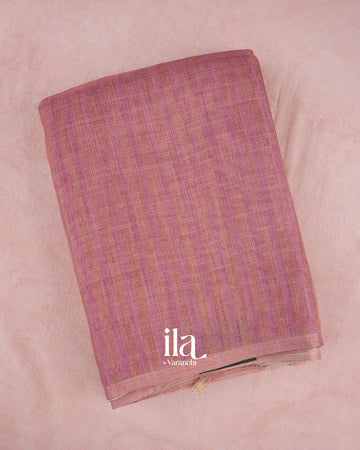 Onion Pink Striped Pichwai Printed Semi Linen Tissue Saree — Folded
