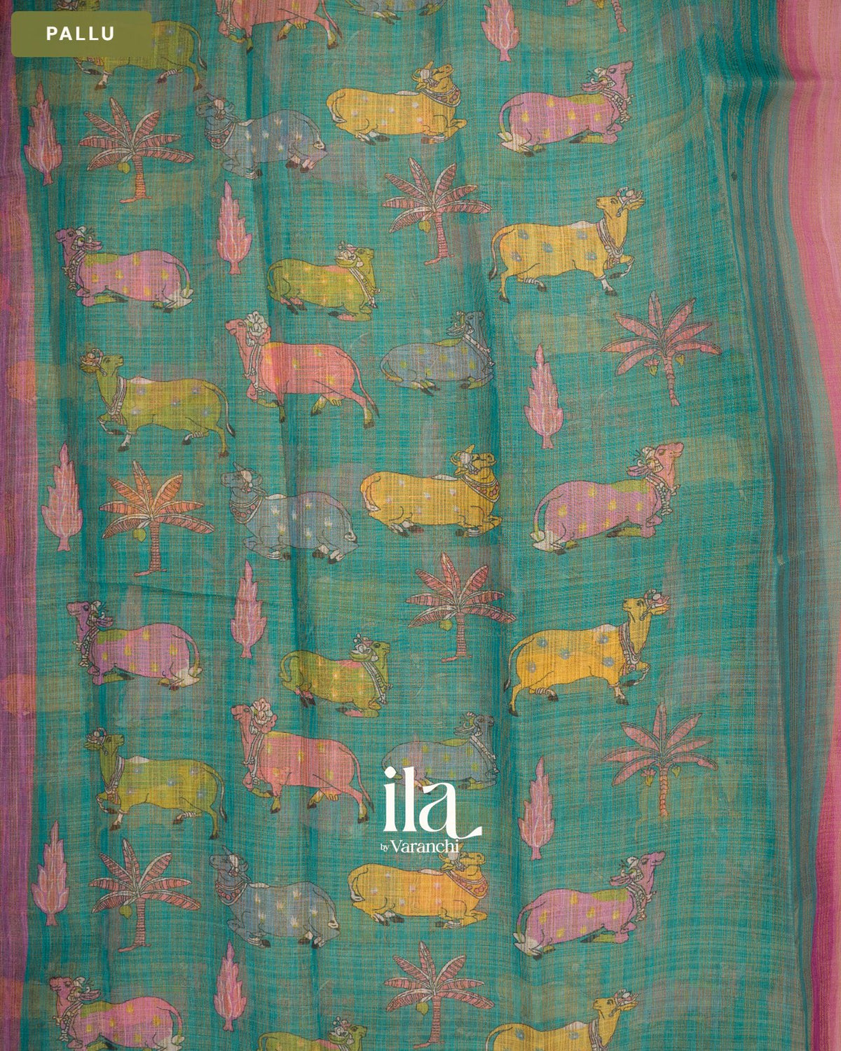 Onion Pink Striped Pichwai Printed Semi Linen Tissue Saree — Pallu