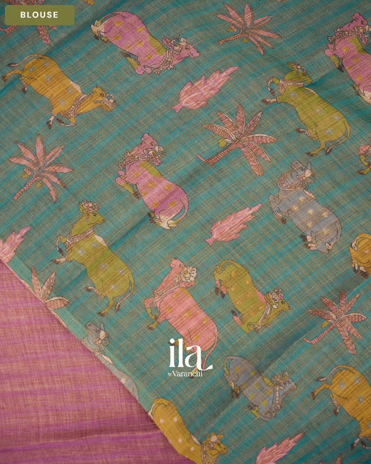 Onion Pink Striped Pichwai Printed Semi Linen Tissue Saree — Blouse