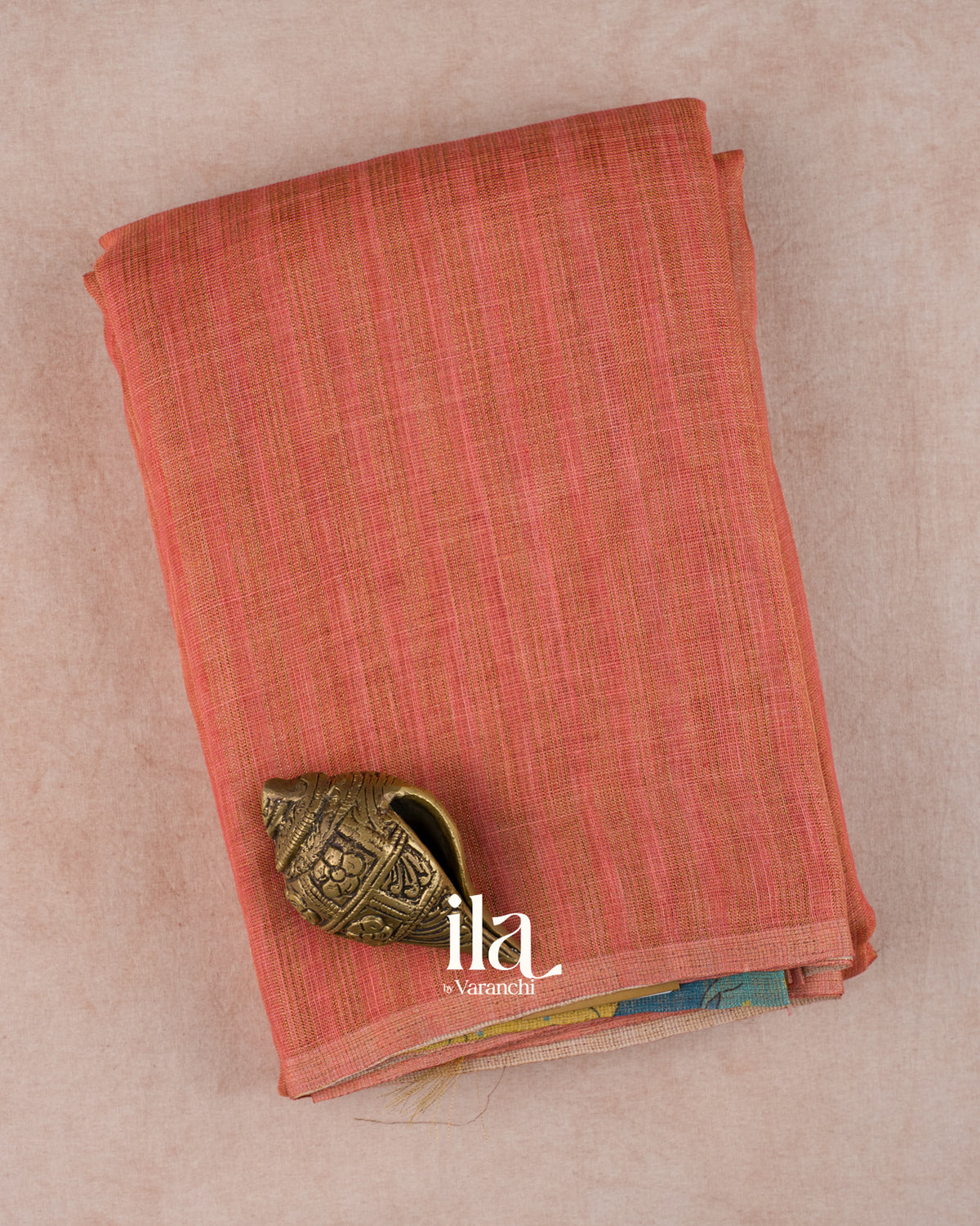 Peach Orange Striped Pichwai Printed Semi Linen Saree — Folded
