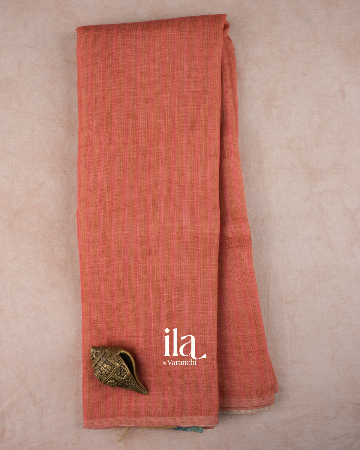 Peach Orange Striped Pichwai Printed Semi Linen Saree — Full Saree