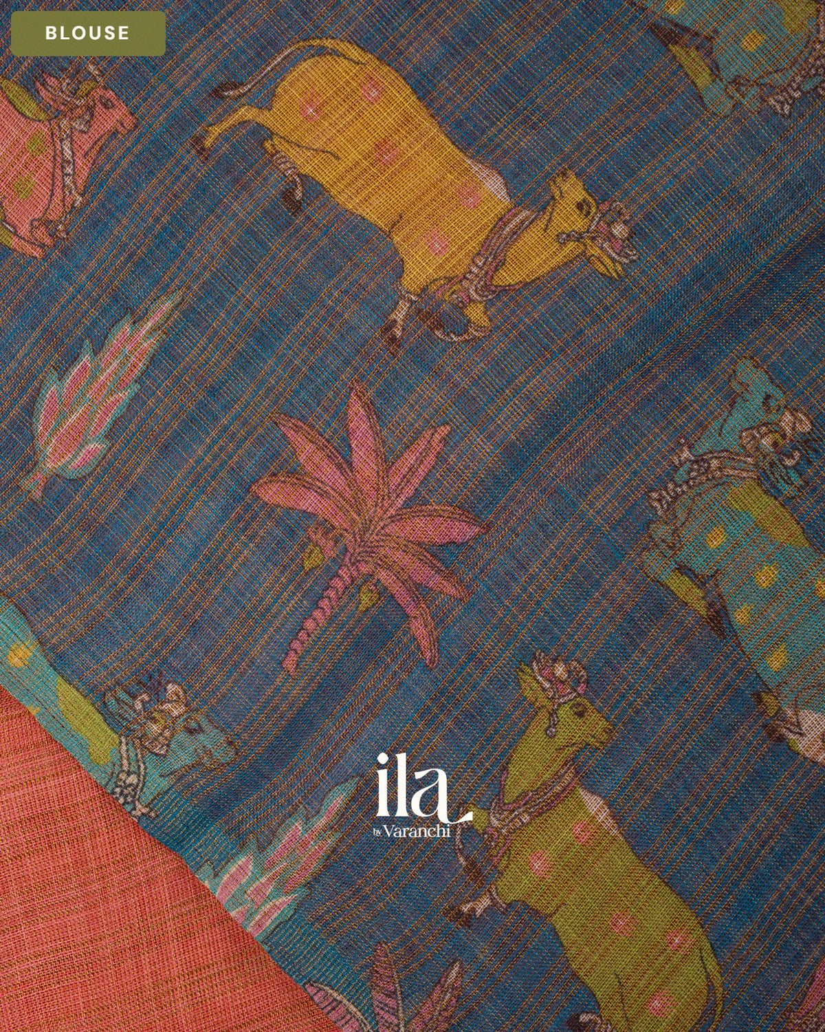 Peach Orange Striped Pichwai Printed Semi Linen Saree — Blouse