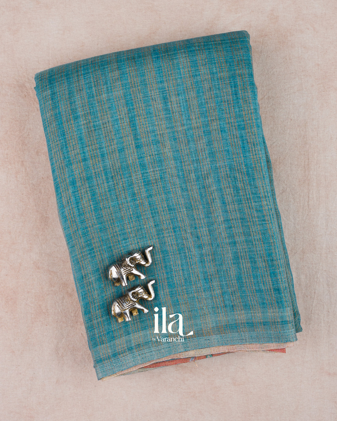Deep Ice Blue Striped Pichwai Printed Semi Linen Saree — Folded