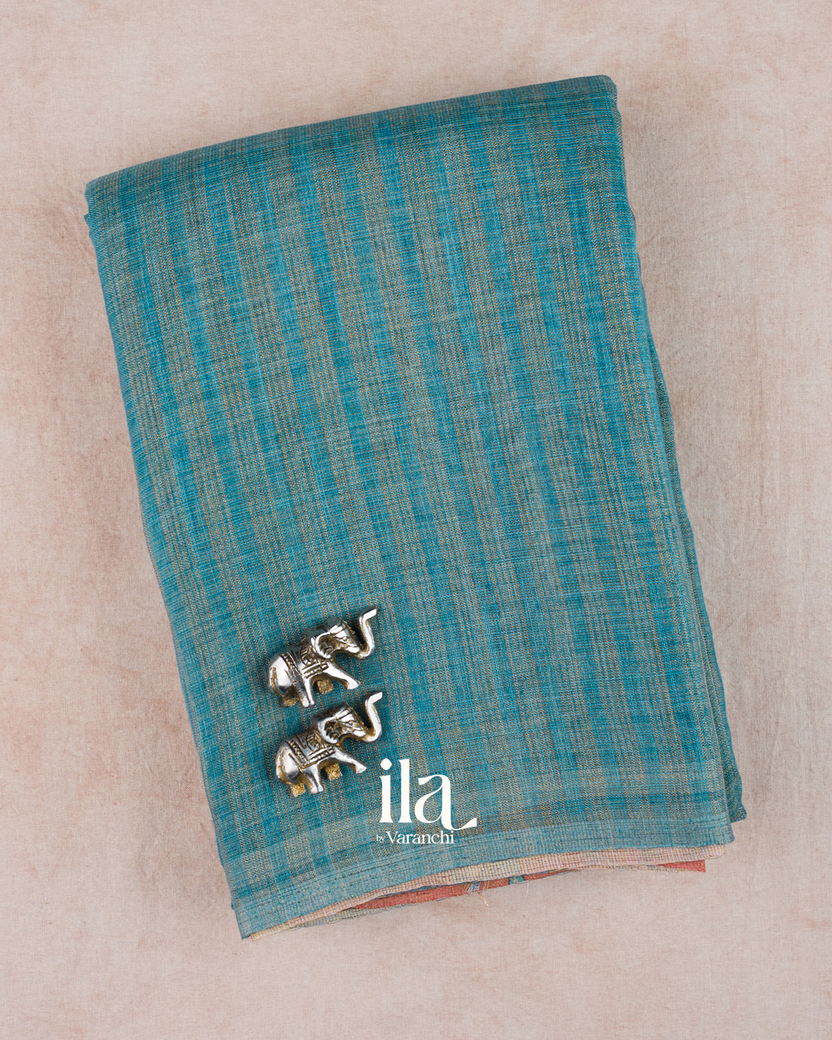 Deep Ice Blue Striped Pichwai Printed Semi Linen Saree — Folded