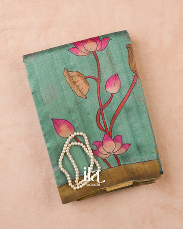Sea Green Lotus & Pichwai Printed Semi Tussar Saree — Folded