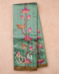 Sea Green Lotus & Pichwai Printed Semi Tussar Saree — Full Saree