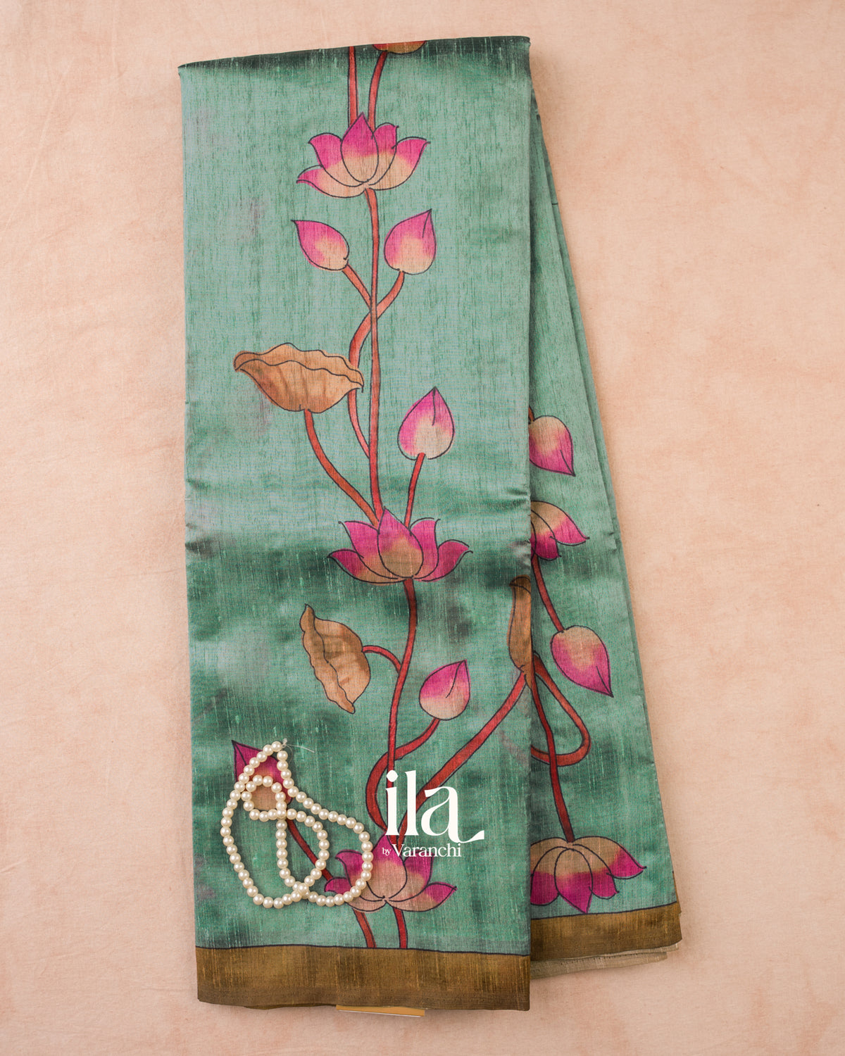 Sea Green Lotus & Pichwai Printed Semi Tussar Saree — Full Saree