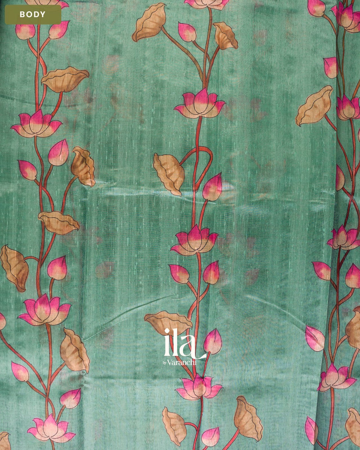 Sea Green Lotus & Pichwai Printed Semi Tussar Saree — Body