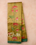 Olive Yellow Lotus & Pichwai Printed Semi Tussar Saree — Full Saree