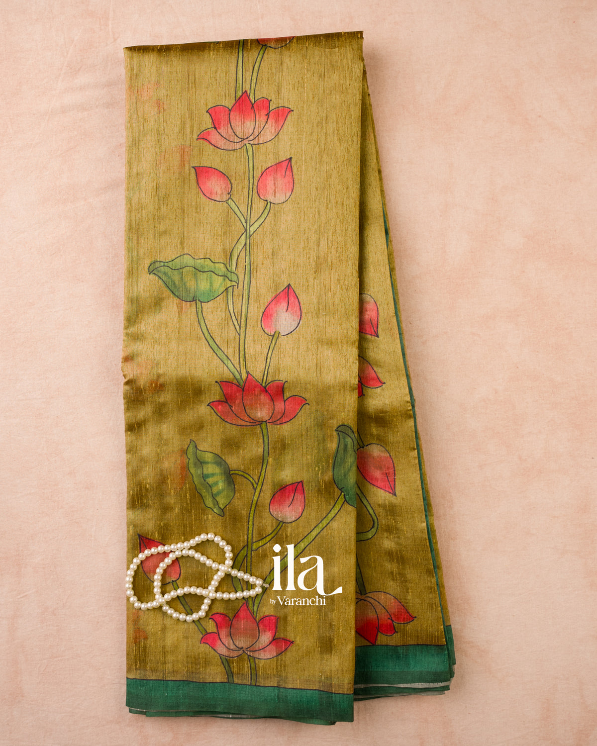 Olive Yellow Lotus & Pichwai Printed Semi Tussar Saree — Full Saree