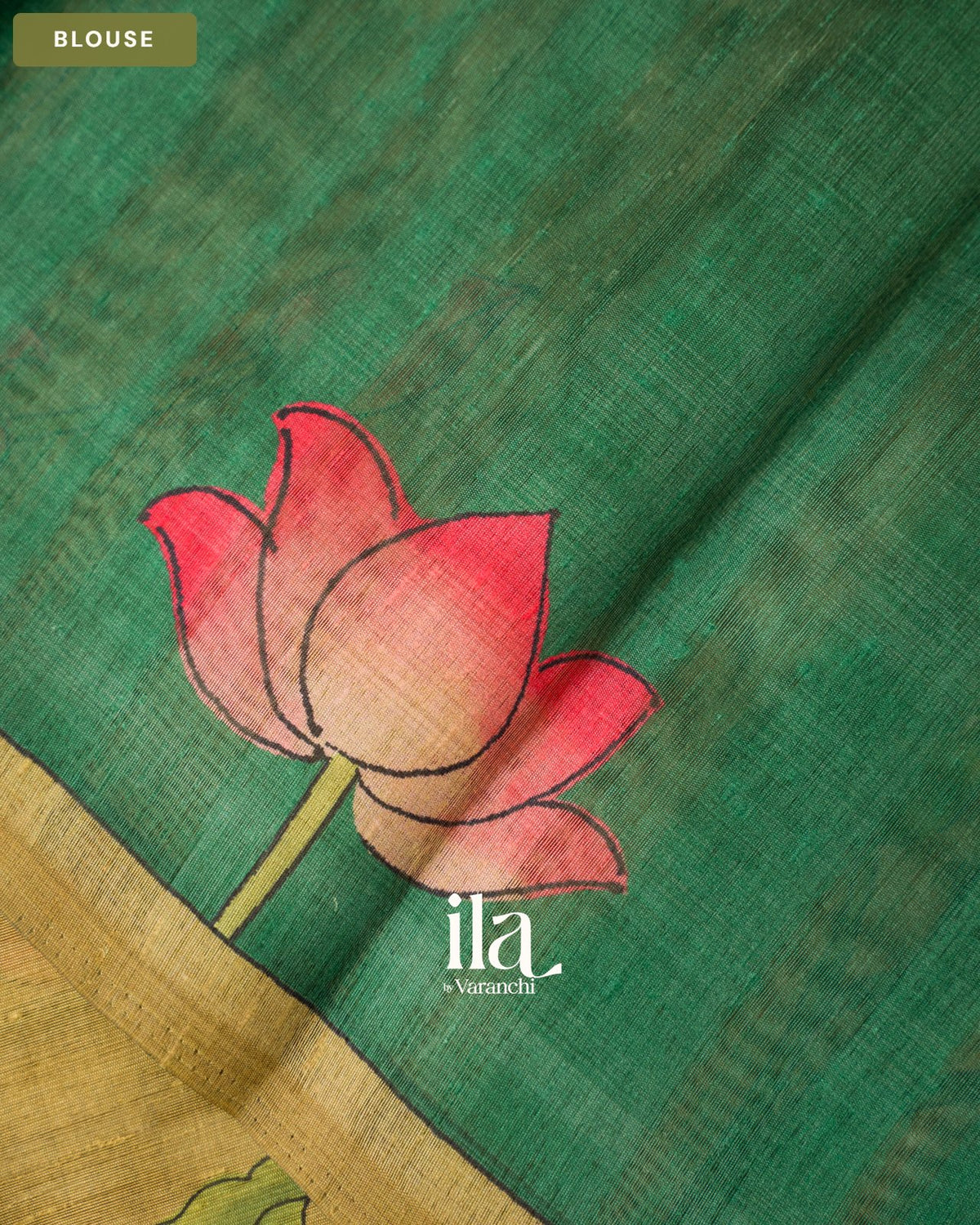 Olive Yellow Lotus & Pichwai Printed Semi Tussar Saree — Blouse