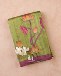 Mehandi Green Lotus & Pichwai Printed Semi Tussar Saree — Folded