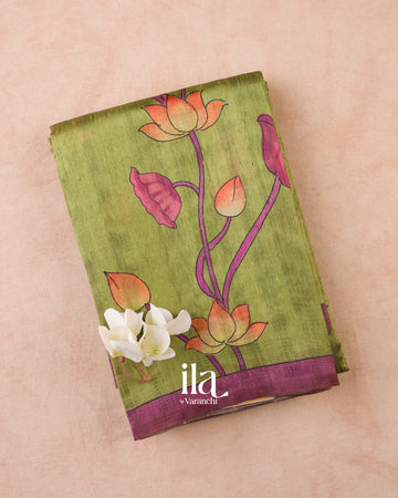 Mehandi Green Lotus & Pichwai Printed Semi Tussar Saree — Folded