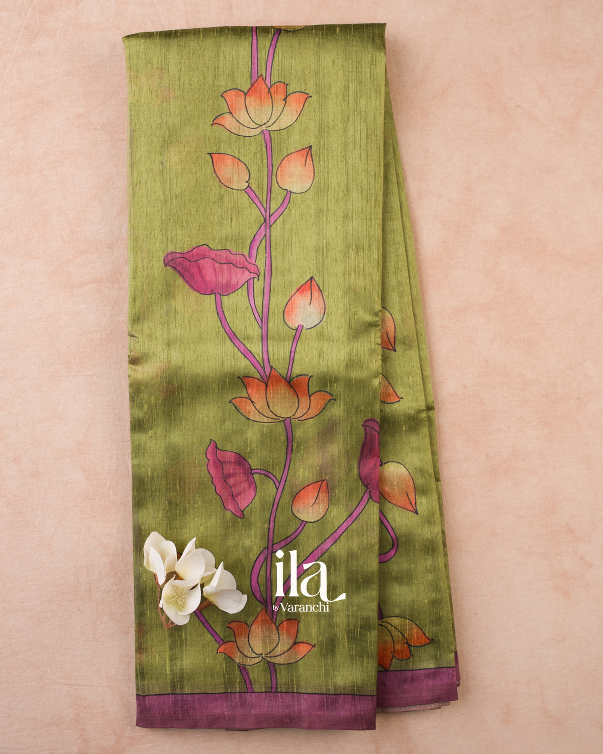 Mehandi Green Lotus & Pichwai Printed Semi Tussar Saree — Full Saree