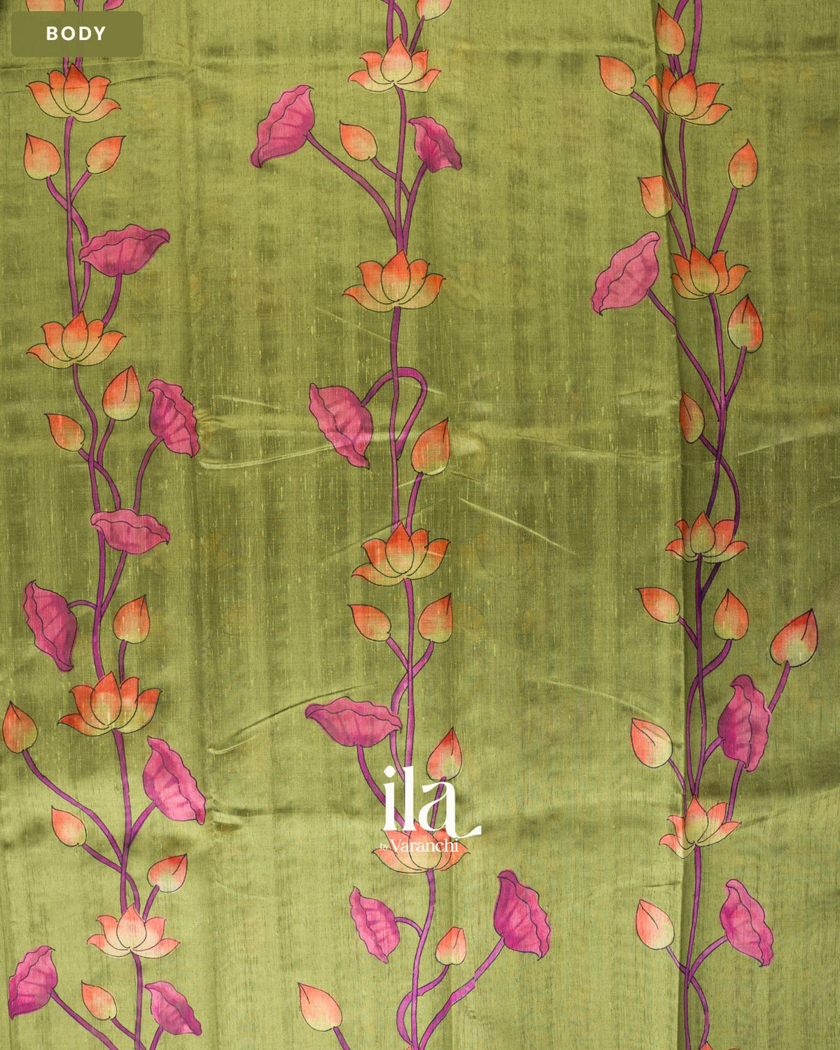 Mehandi Green Lotus & Pichwai Printed Semi Tussar Saree — Body