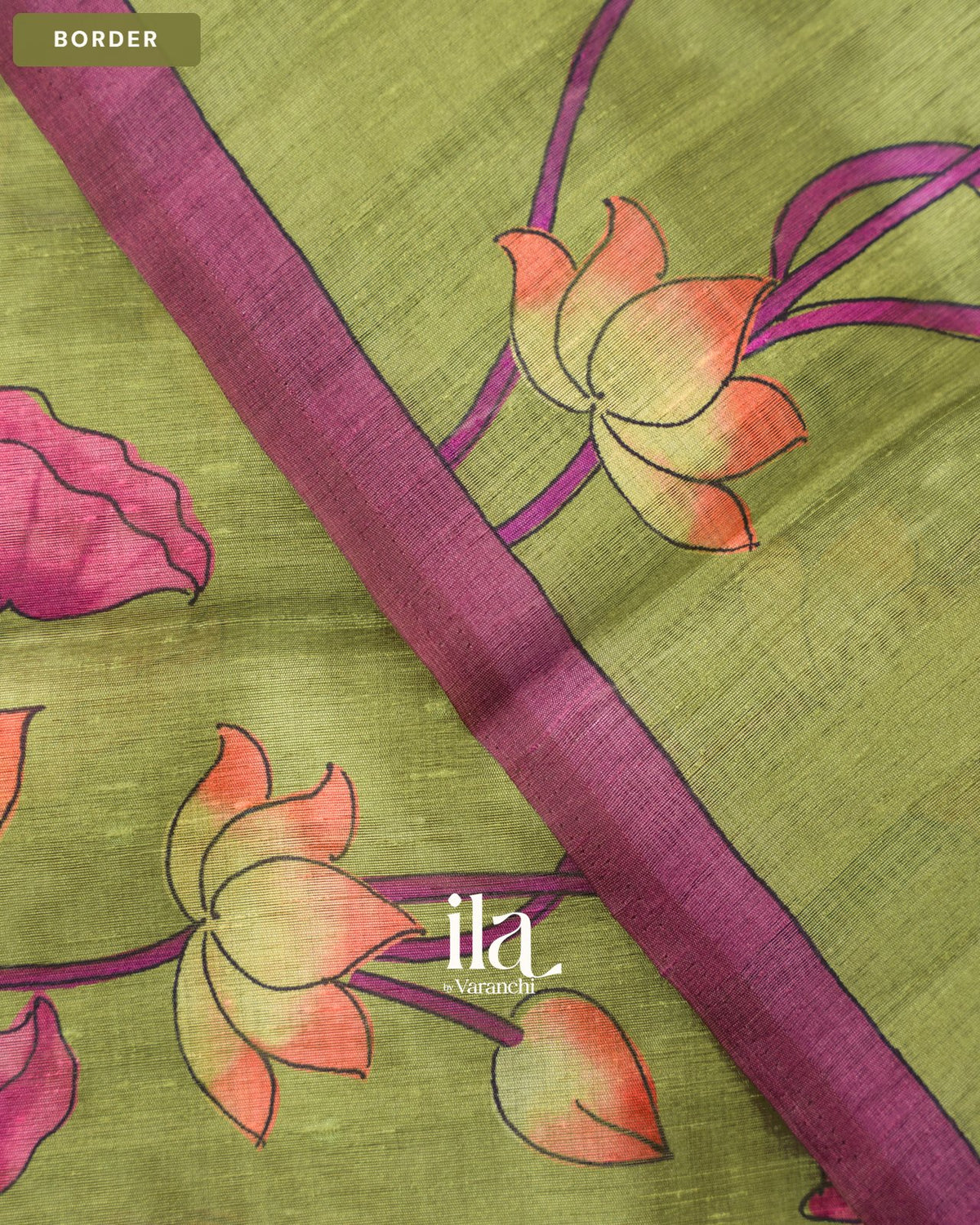 Mehandi Green Lotus & Pichwai Printed Semi Tussar Saree — Border
