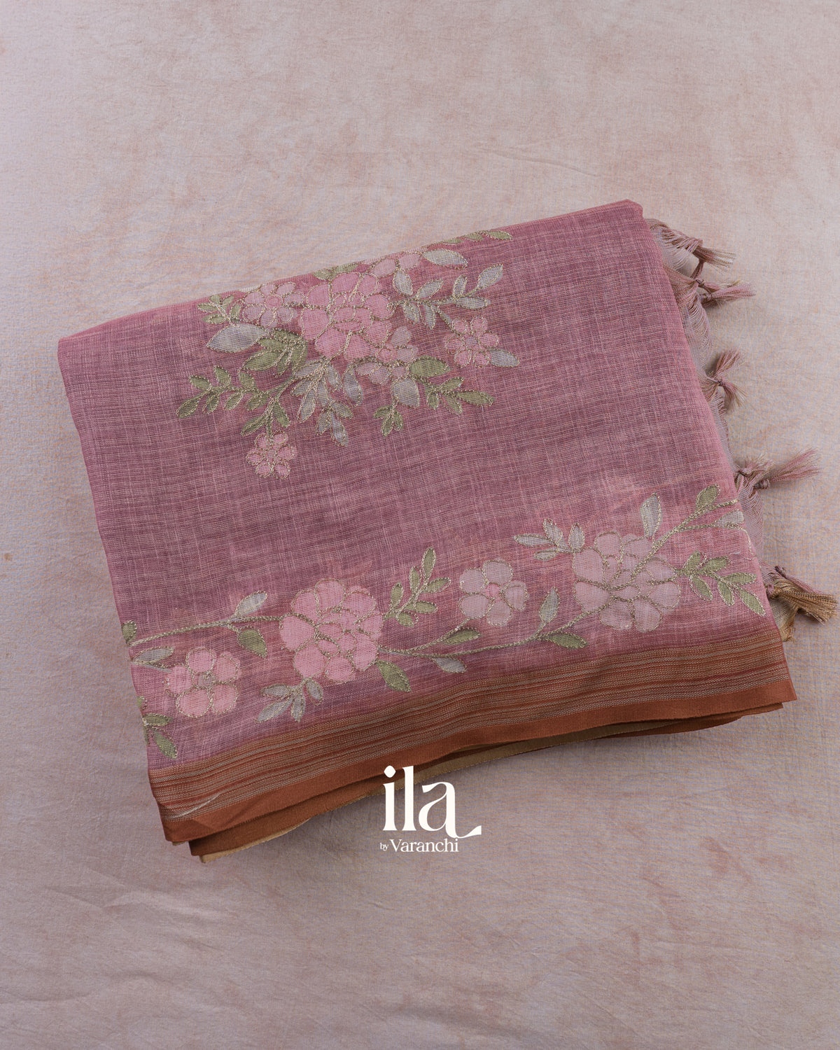 Muted Lavender Floral Jaal Aari Work Semi Linen Tissue Saree — Folded