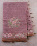 Muted Lavender Floral Jaal Aari Work Semi Linen Tissue Saree — Full Saree