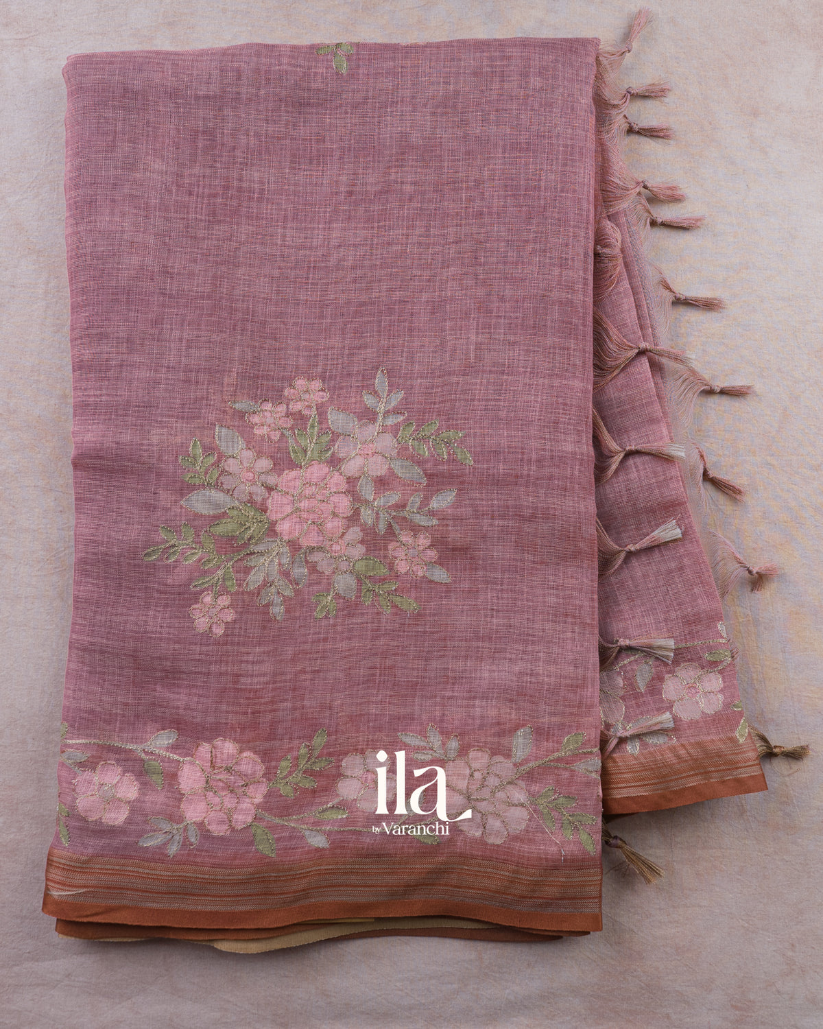 Muted Lavender Floral Jaal Aari Work Semi Linen Tissue Saree — Full Saree