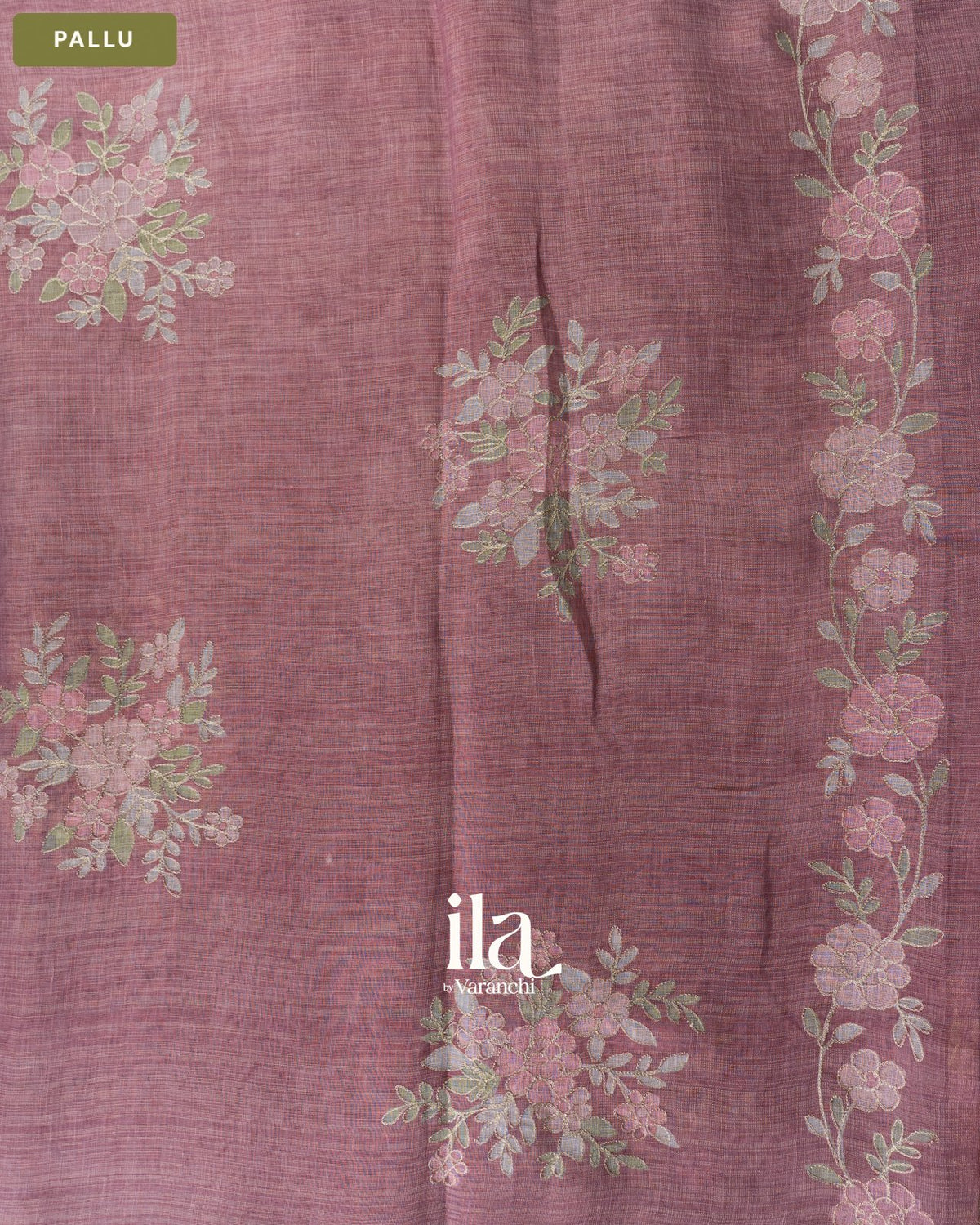 Muted Lavender Floral Jaal Aari Work Semi Linen Tissue Saree — Pallu