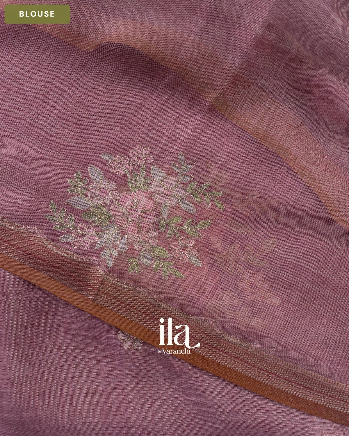 Muted Lavender Floral Jaal Aari Work Semi Linen Tissue Saree — Blouse