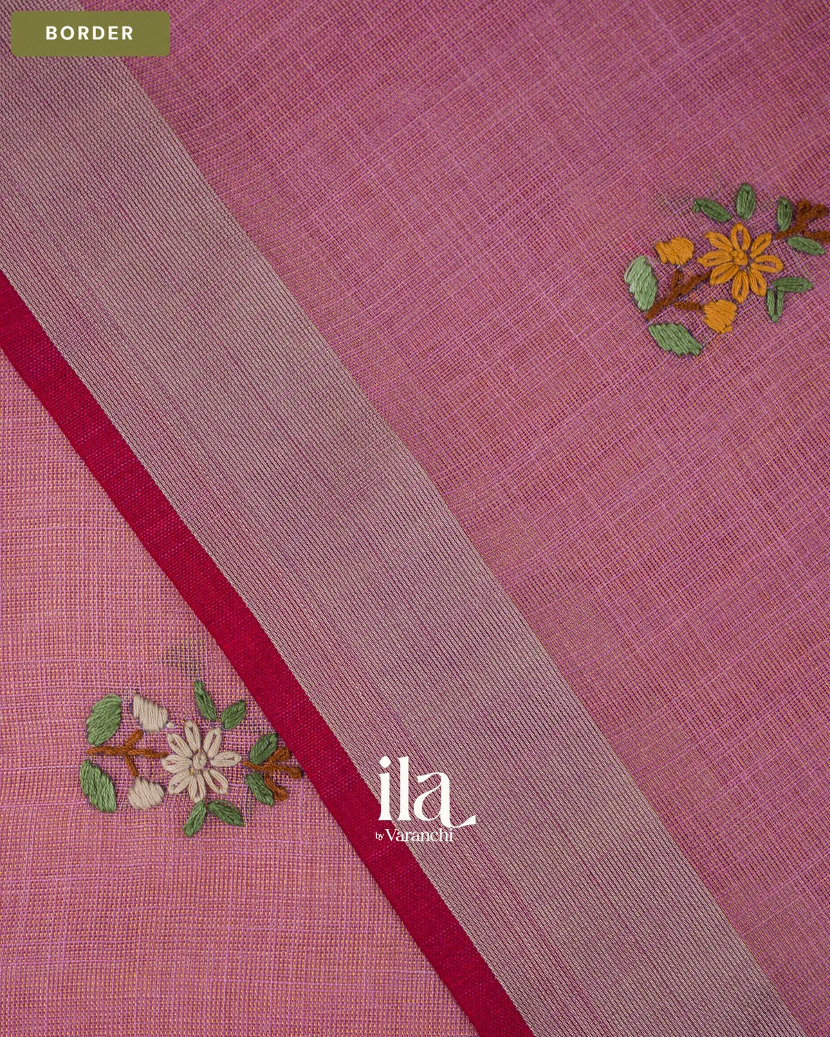 Muted Pink Embroidered Semi Linen Tissue Saree — Border