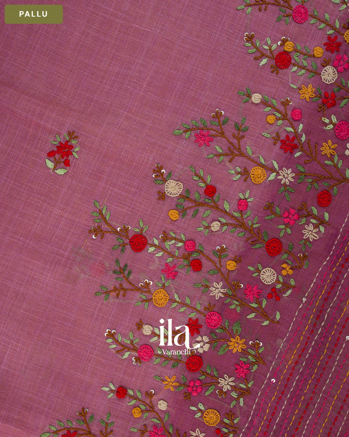 Muted Pink Embroidered Semi Linen Tissue Saree — Pallu