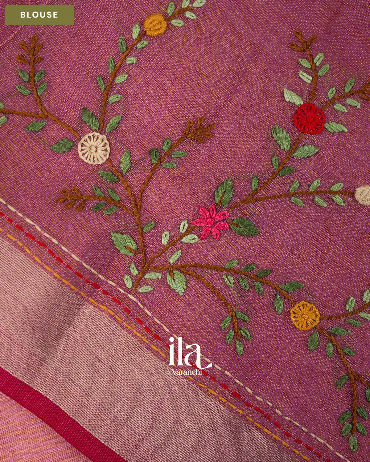 Muted Pink Embroidered Semi Linen Tissue Saree — Blouse