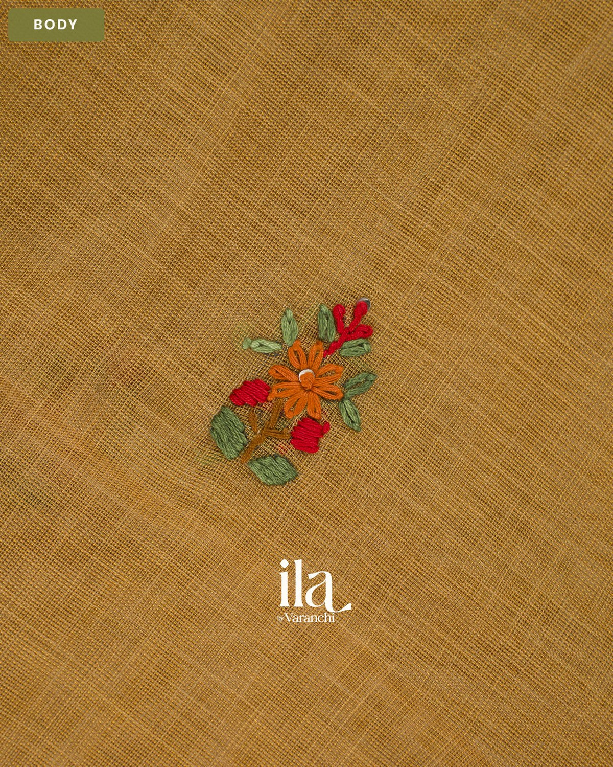 Copper Yellow Embroidered Semi Linen Tissue Saree — Body