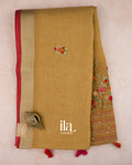 Copper Yellow Embroidered Semi Linen Tissue Saree — Full Saree