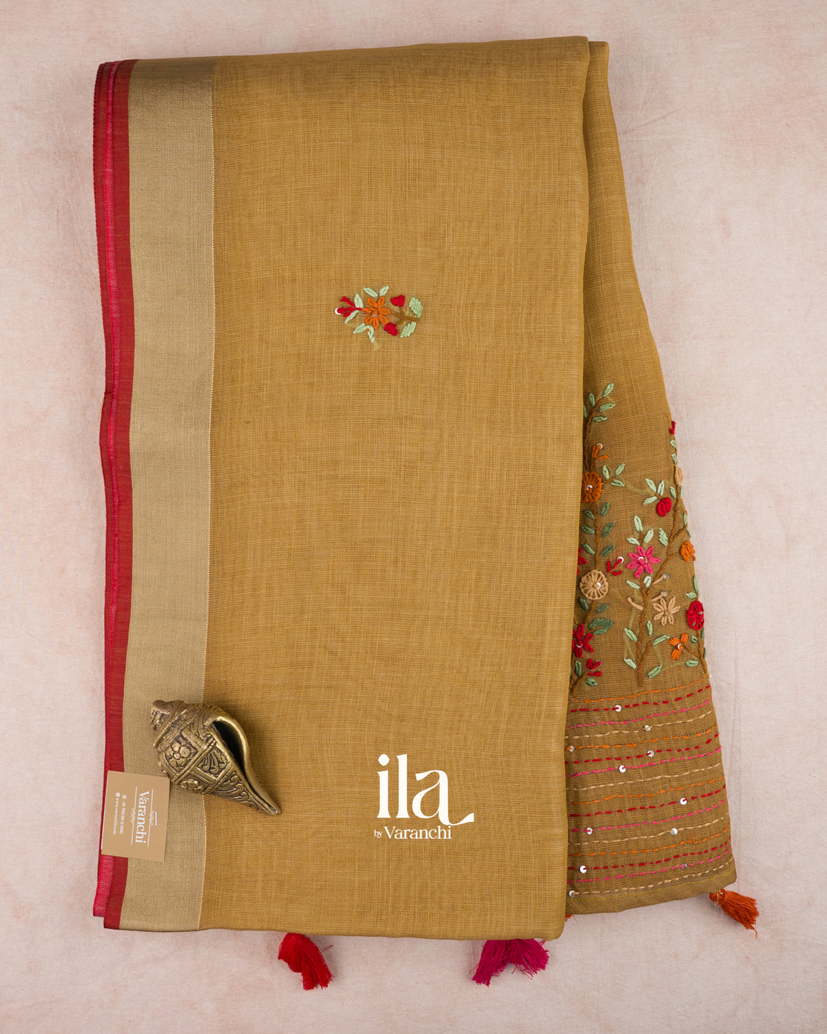 Copper Yellow Embroidered Semi Linen Tissue Saree — Full Saree