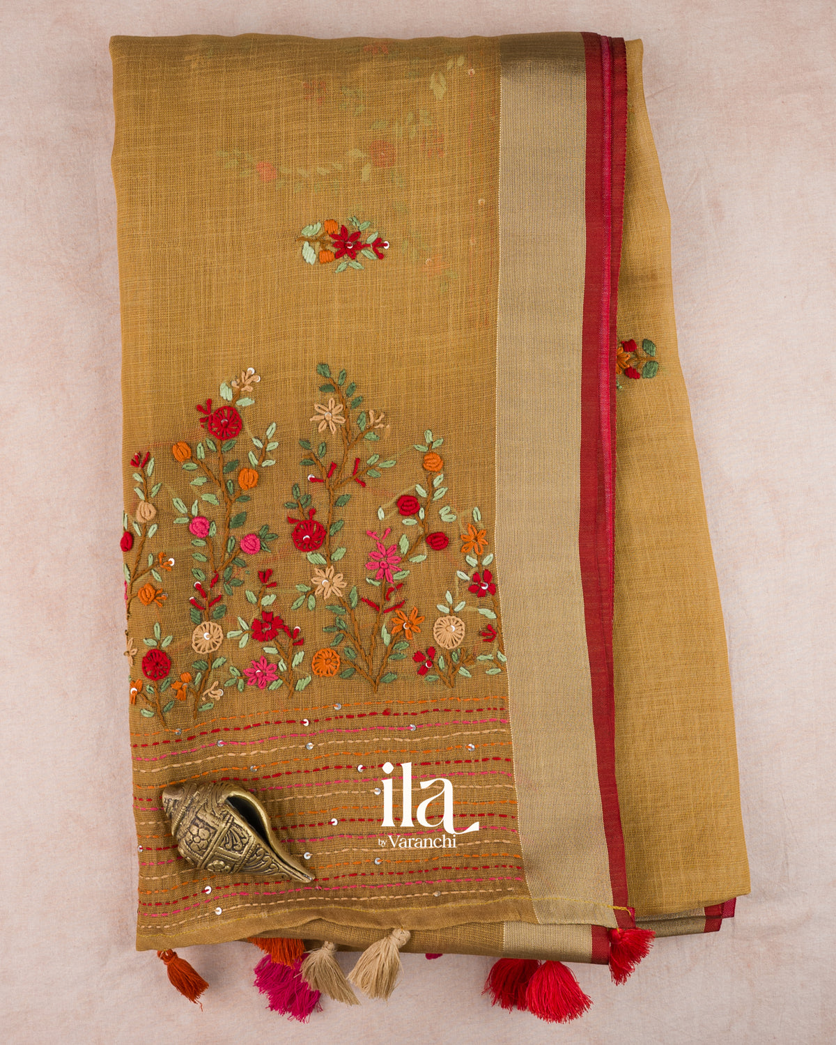 Copper Yellow Embroidered Semi Linen Tissue Saree — Folded