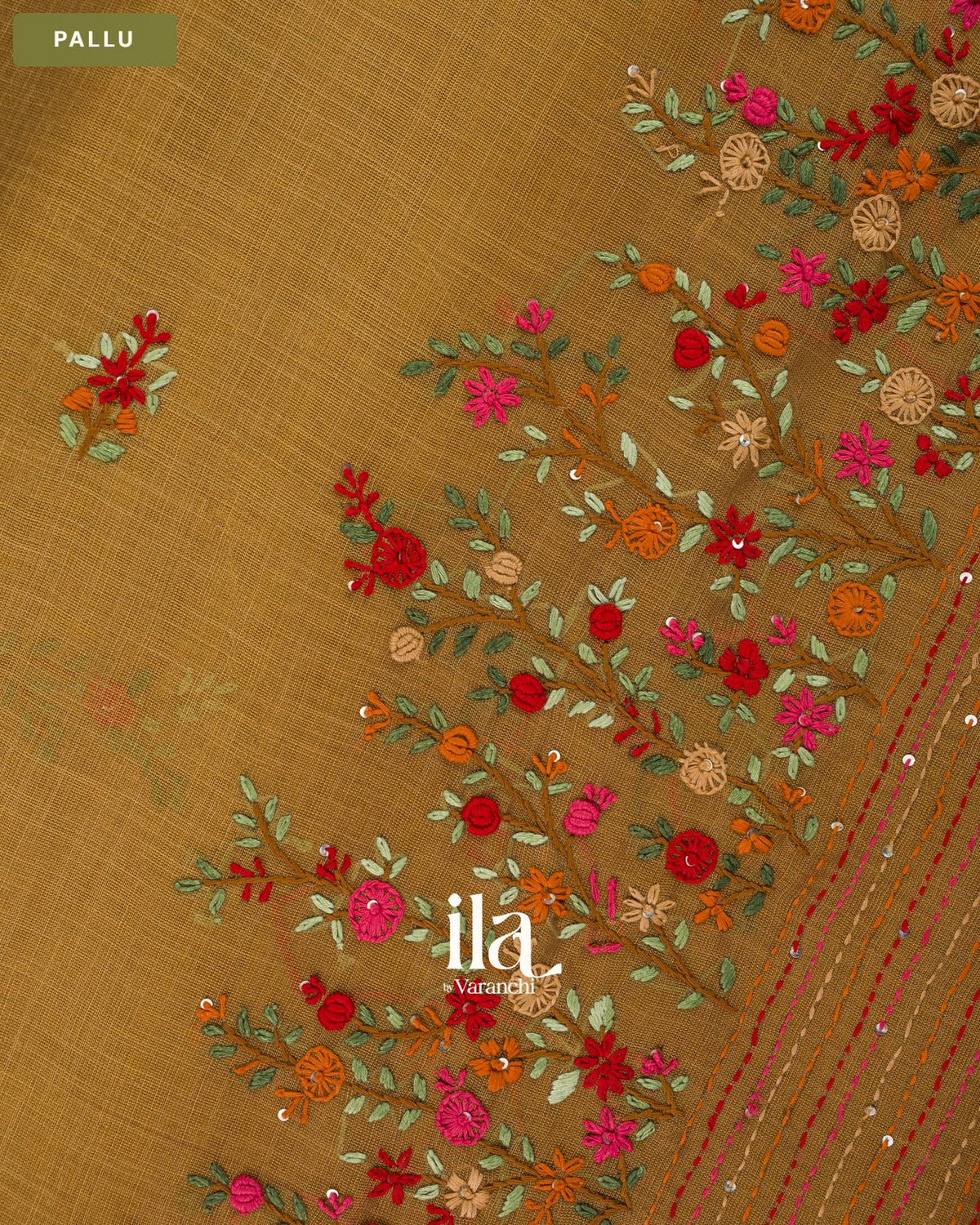 Copper Yellow Embroidered Semi Linen Tissue Saree — Pallu