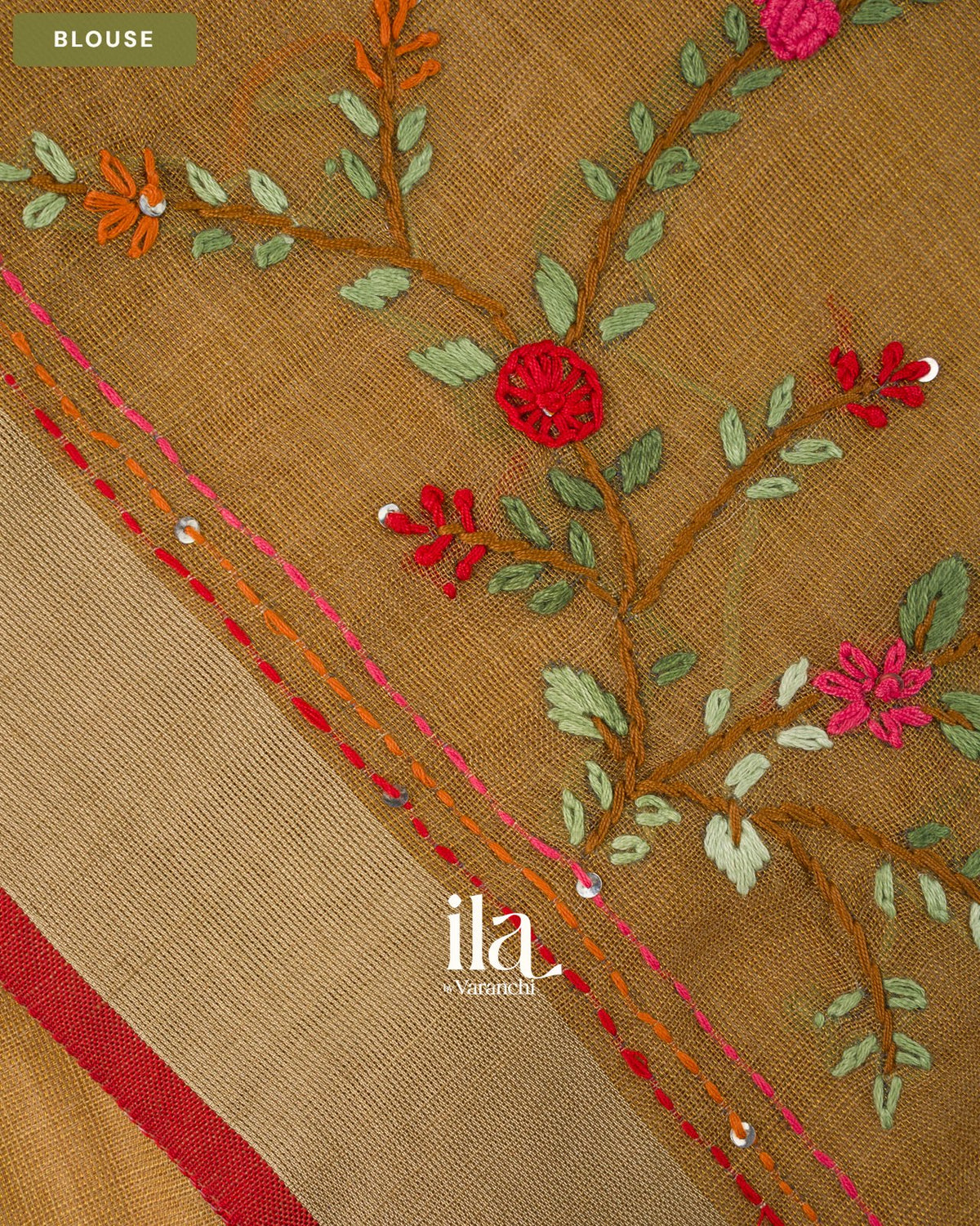 Copper Yellow Embroidered Semi Linen Tissue Saree — Blouse